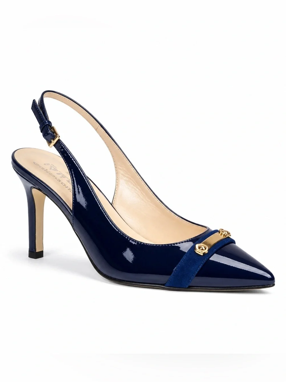 M. F. Collection Women’sNavy Patent Pointed-Toe Slingback Heels with Gold Accent